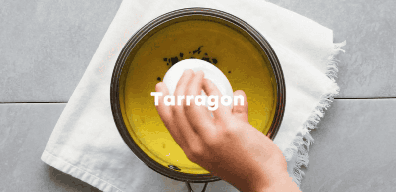 Adding tarragon, salt and pepper to the sauce.