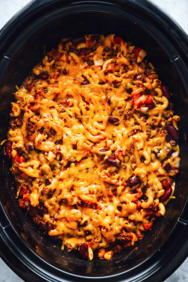 overhead view of crockpot chili mac in a crockpot.