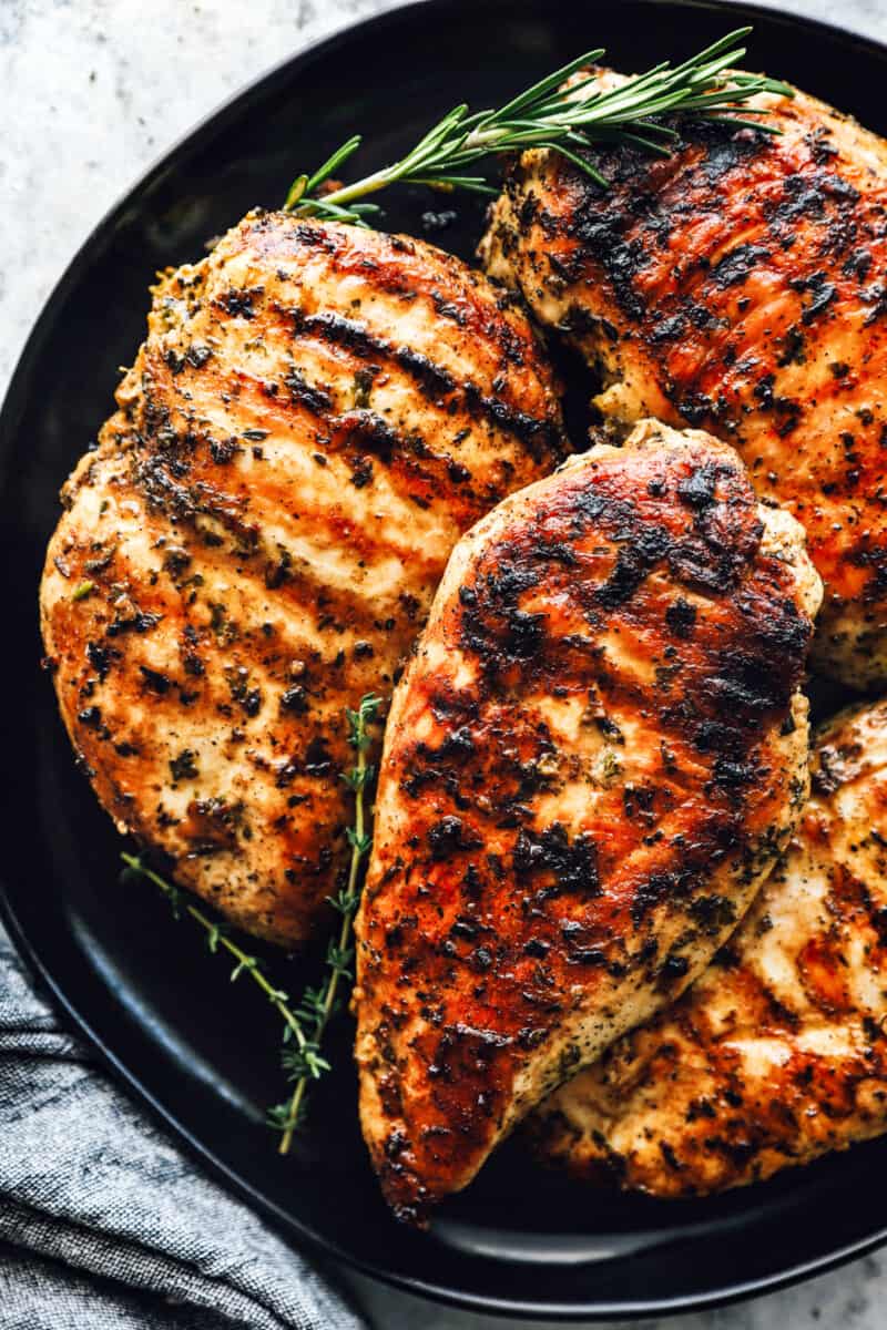 a plate of marinated grilled chicken breast