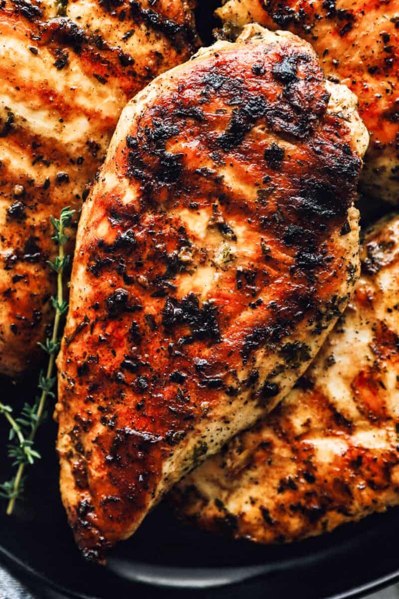 close up on grilled chicken breasts