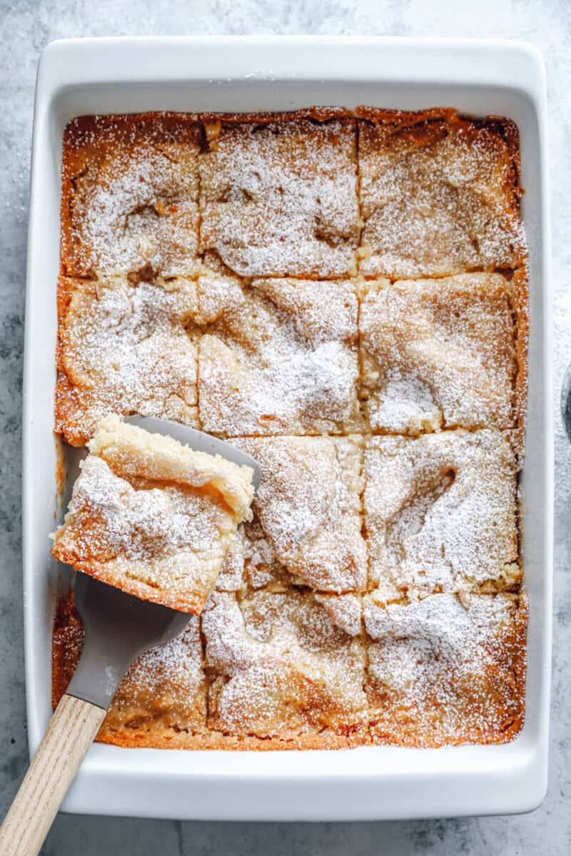 overhead view of gooey butter cake cut into squares