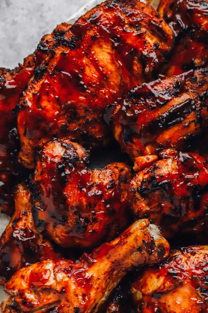 close up on pieces of barbecue chicken