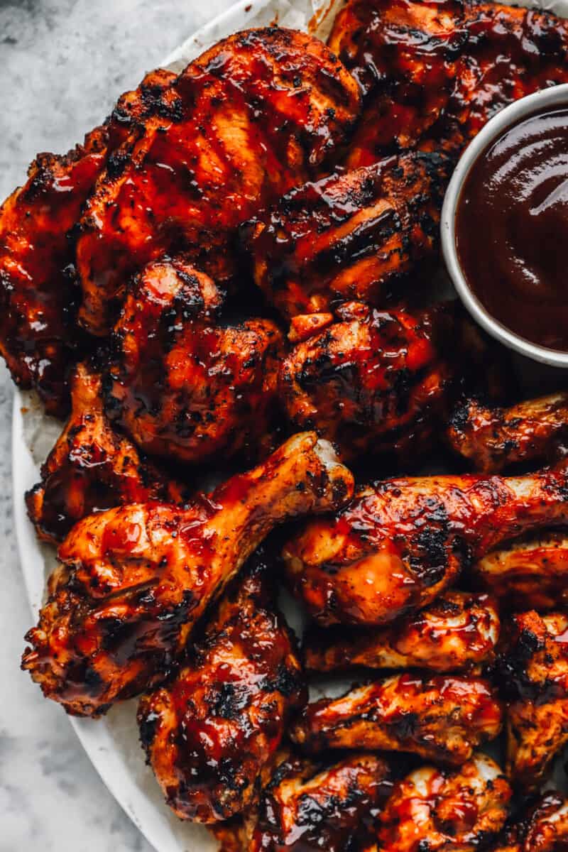 close up on a plate of BBQ grilled chicken