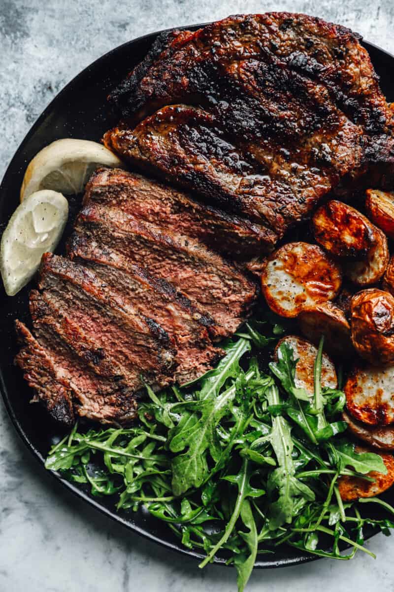 a plate of grilled ribeye