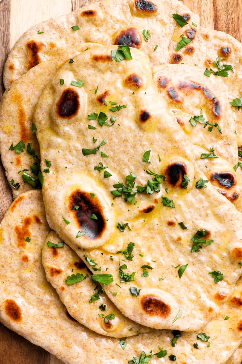 close up on a stack of naan