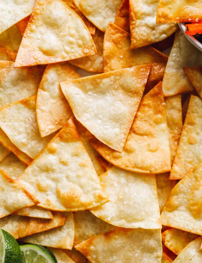 close up of homemade tortilla chips.