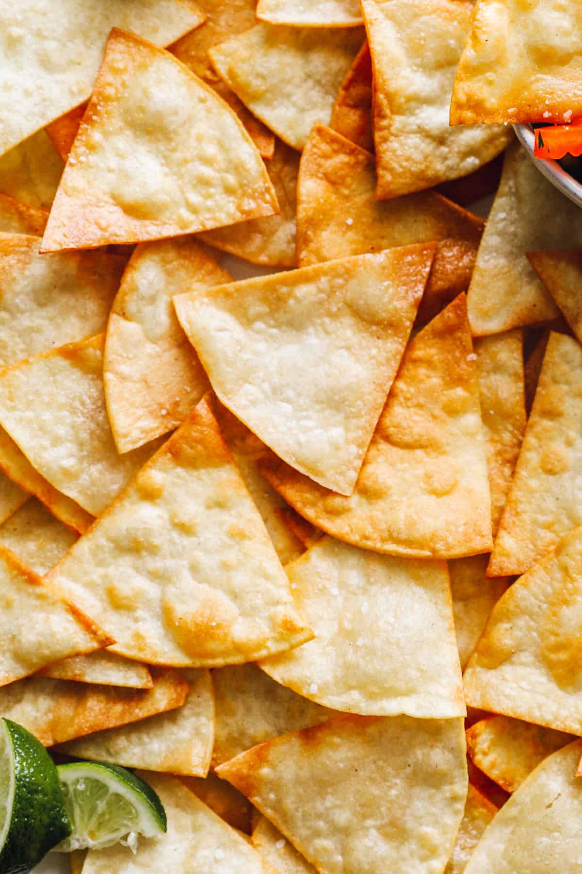 close up of homemade tortilla chips.