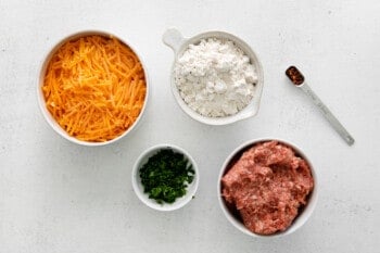 overhead view of ingredients for air fryer sausage balls.