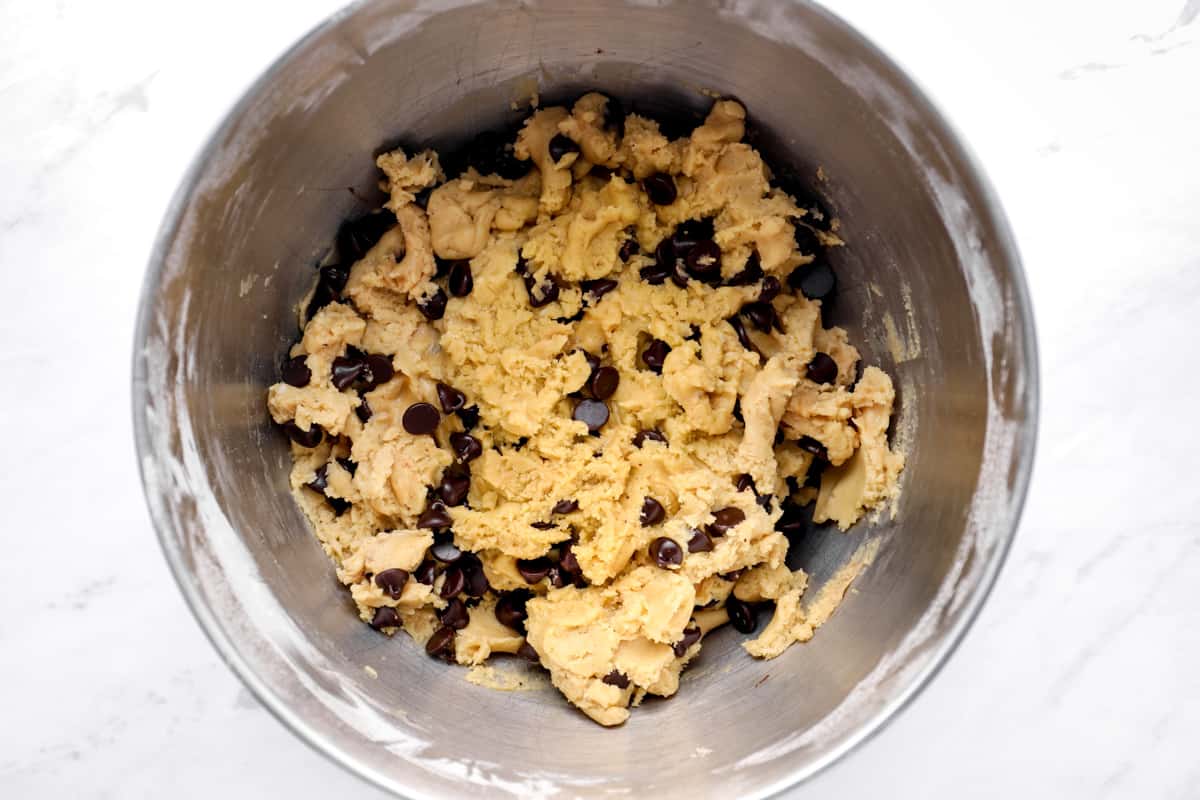 chocolate chip cookie dough in a mixing bowl