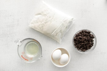 overhead view of ingredients for cake mix chocolate chip cookies.