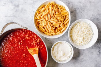 overhead view of ingredients for crockpot baked ziti.