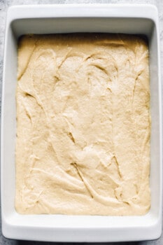 unbaked cake dough in a baking pan