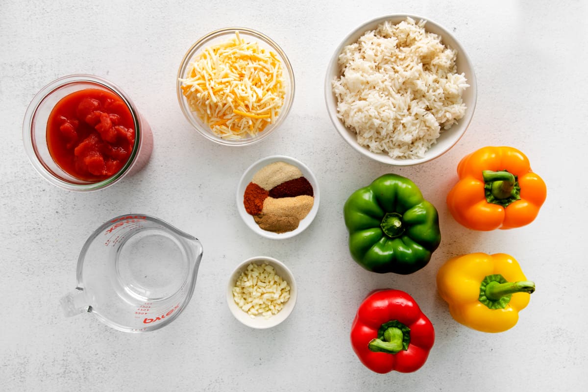 Overhead view of ingredients for Instant Pot stuffed peppers.