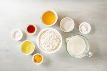 overhead view of ingredients for belgian waffles.