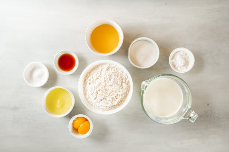 overhead view of ingredients for belgian waffles.