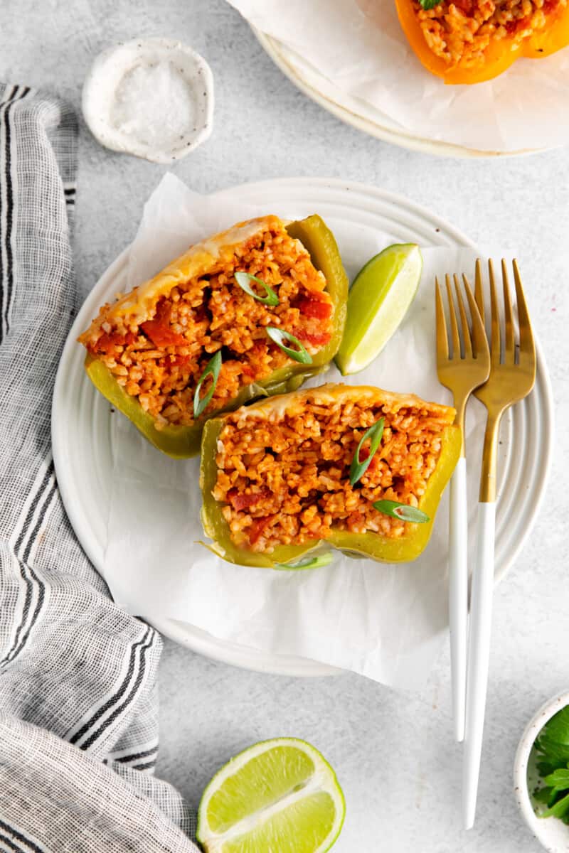 a halved instant pot stuffed pepper on a white plate.