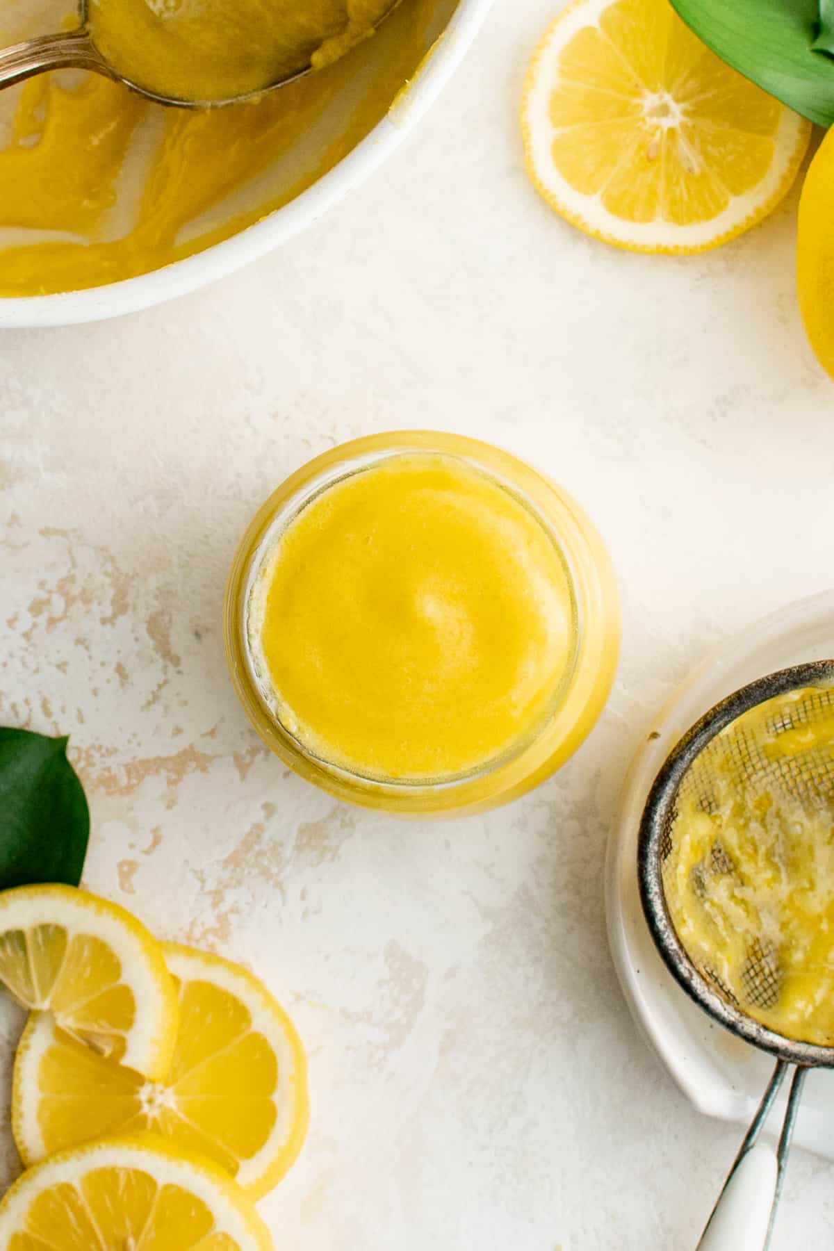 overhead view of a jar of homemade lemon curd