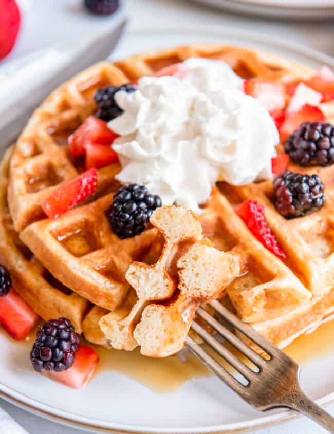 a bite of belgian waffle on a fork in front of a stack of 2 belgian waffles on a white plate with whipped cream and fruit.