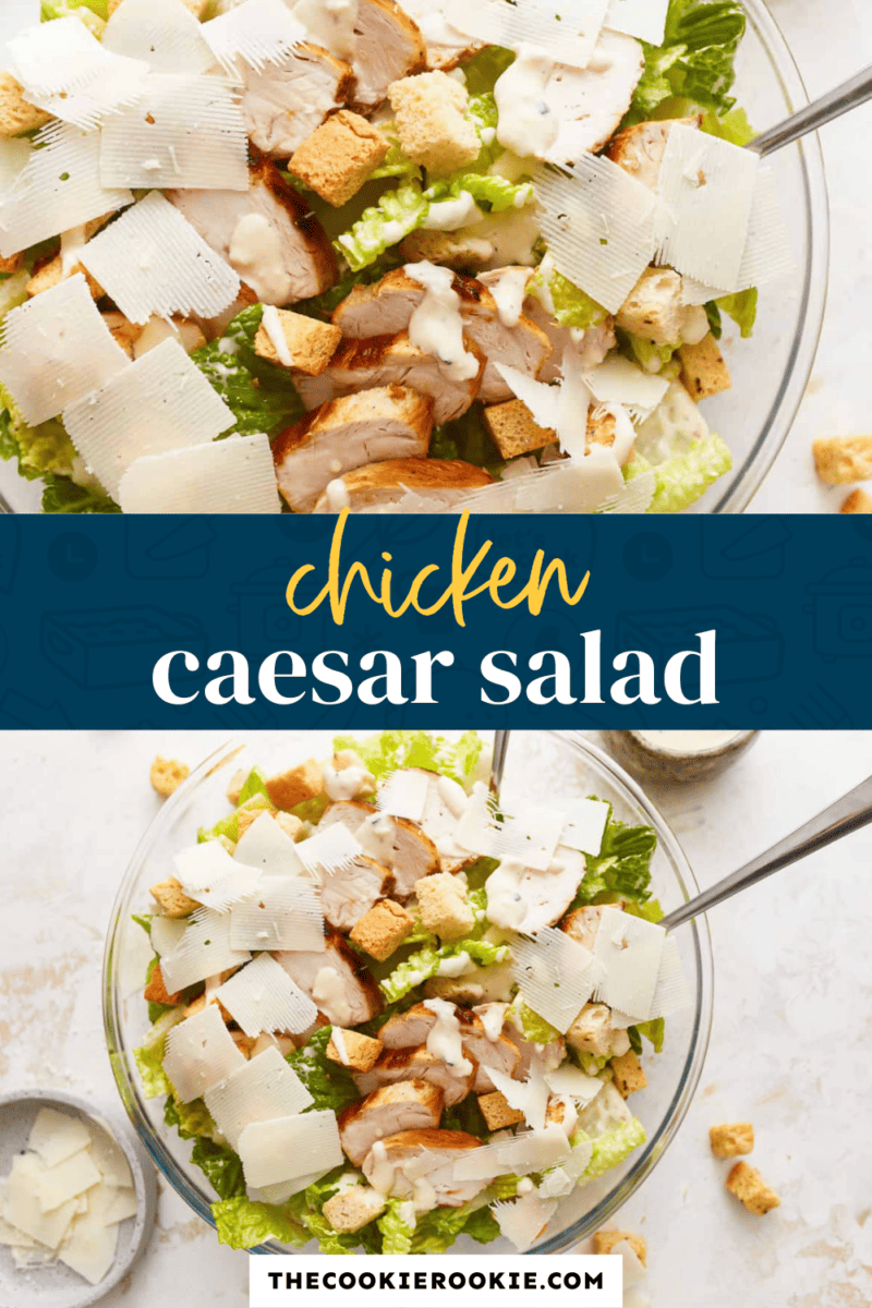 Chicken caesar salad served in a glass bowl.