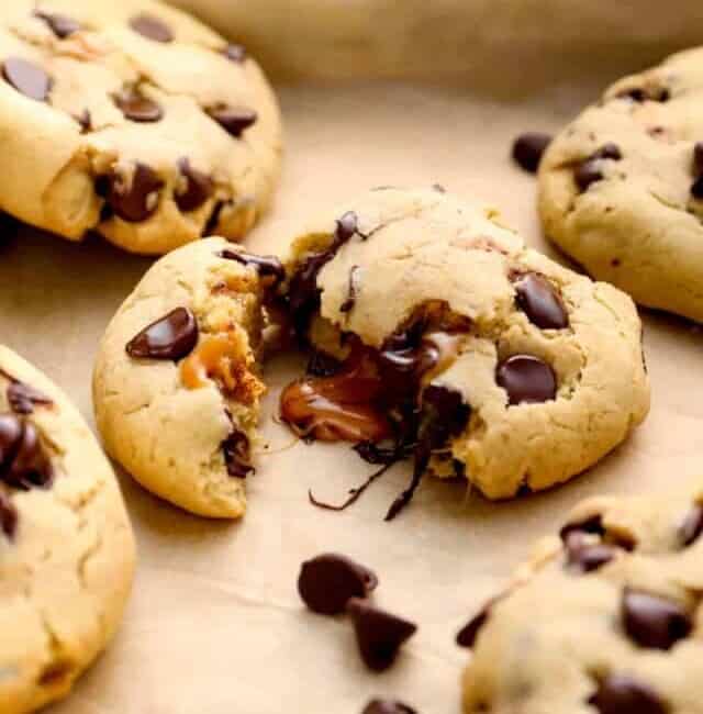 chocolate chip cookies stuffed with caramel