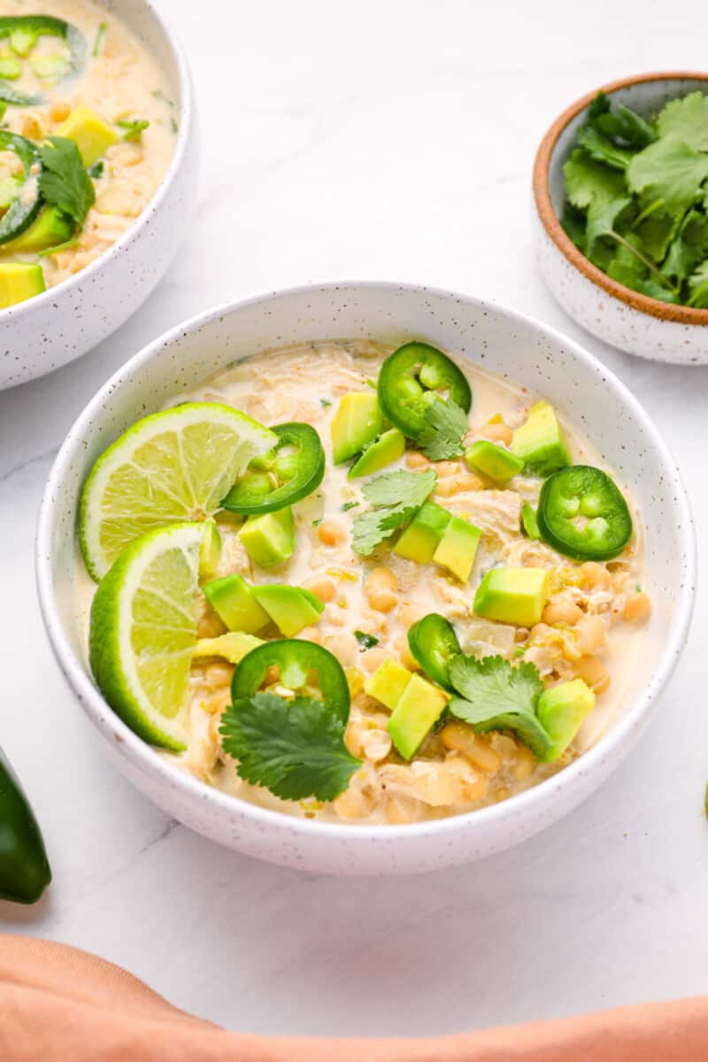 instant pot white chicken chili in a white bowl.