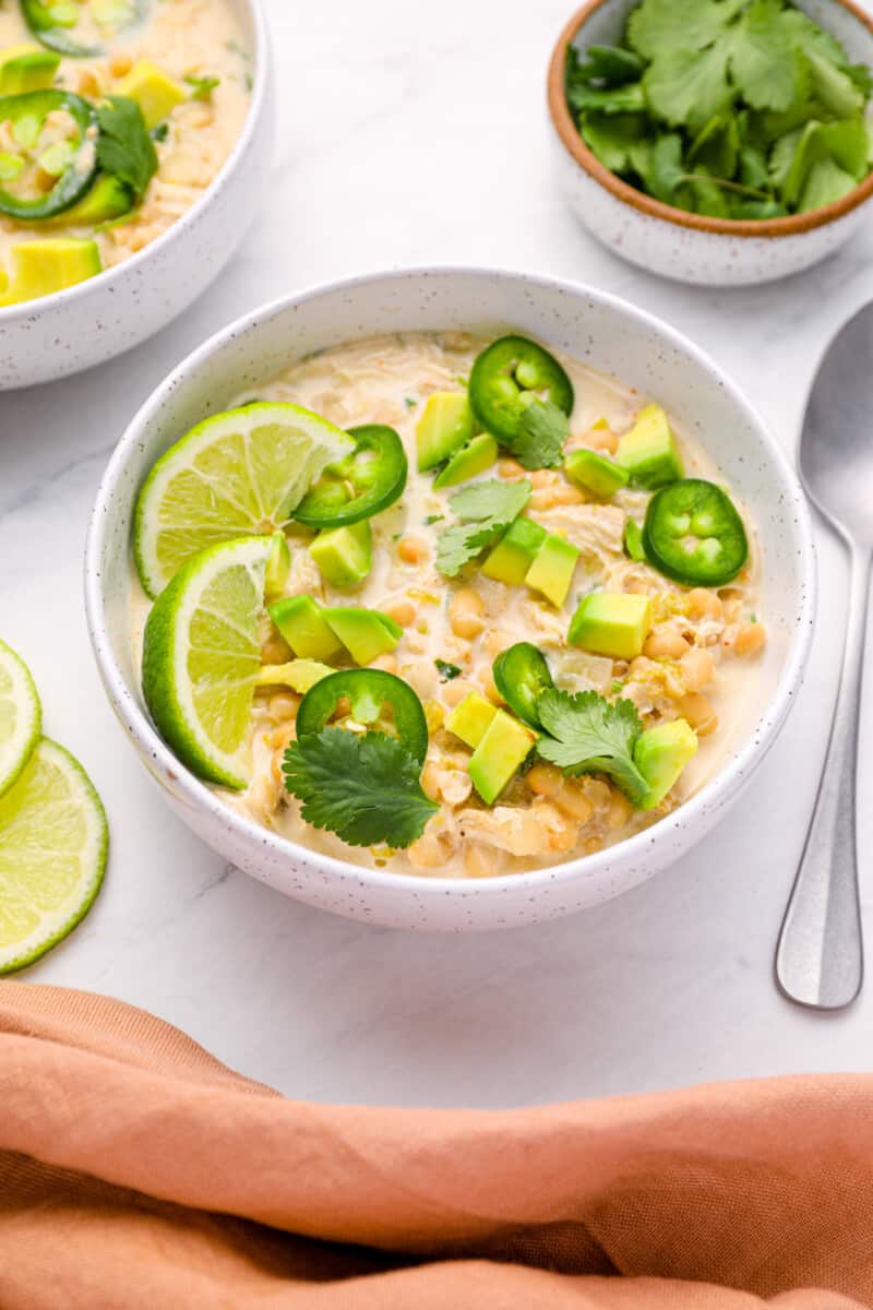 instant pot white chicken chili in a white bowl.