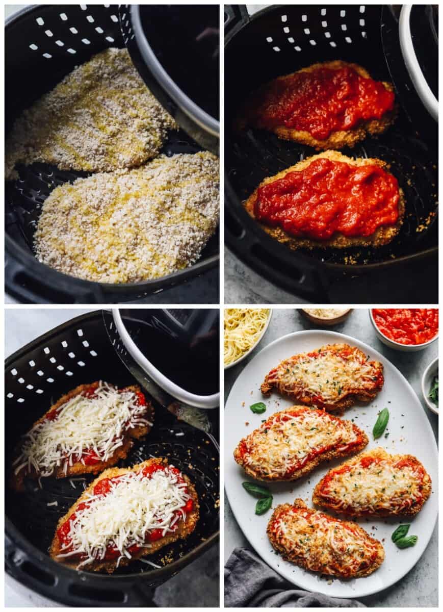 step by step photos for how to make air fryer chicken parmesan.