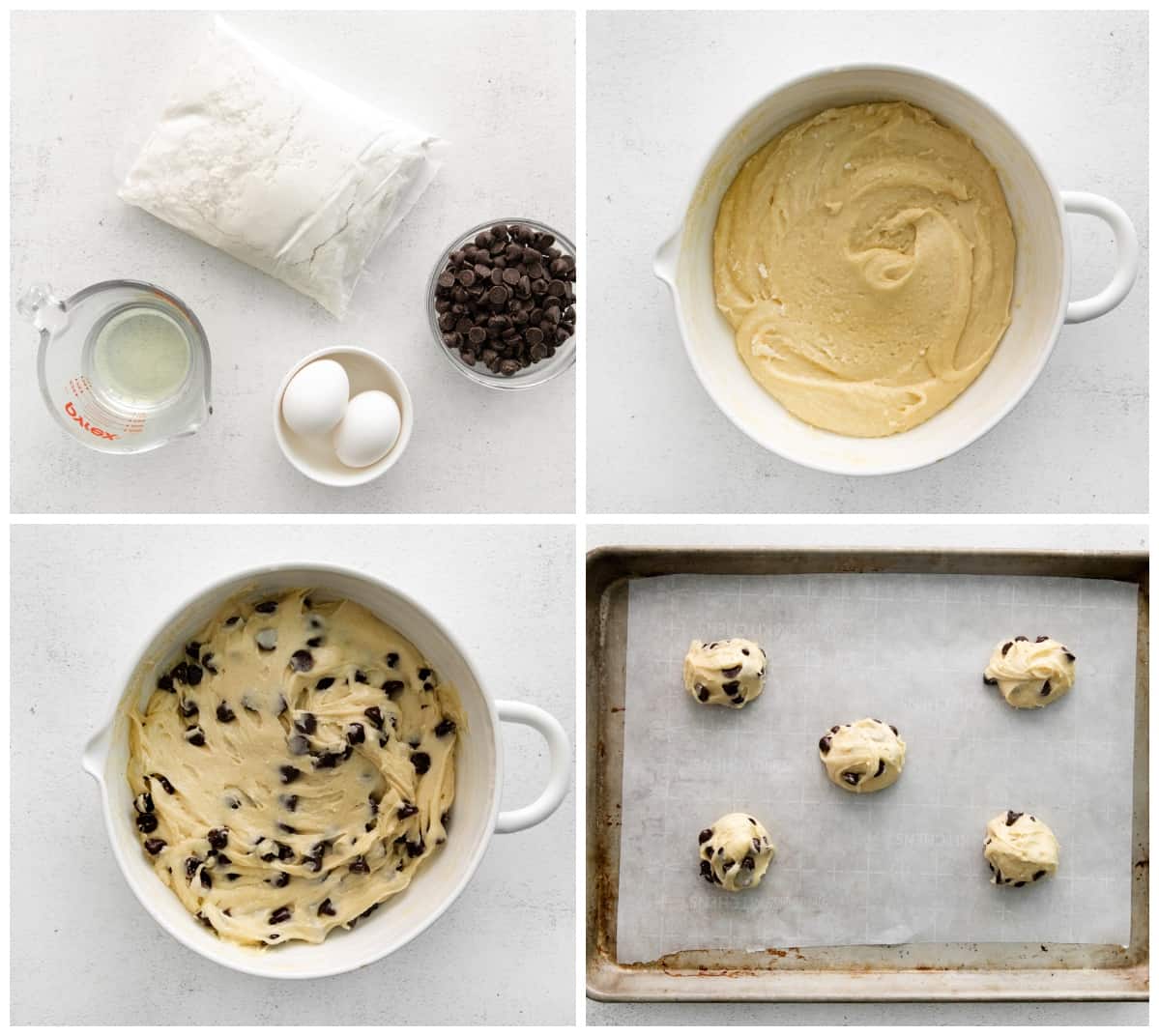 step by step photos for how to make cake mix chocolate chip cookies.
