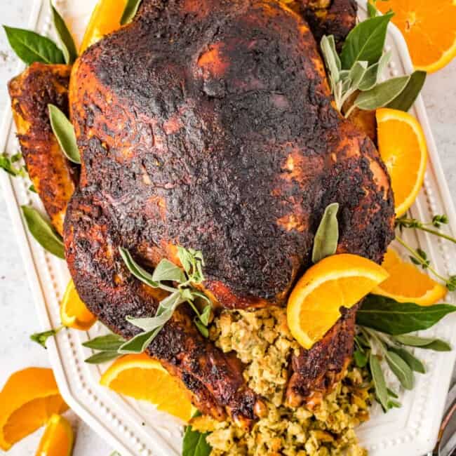 A rubbed whole turkey on a white serving tray with stuffing, sage, and orange slices.
