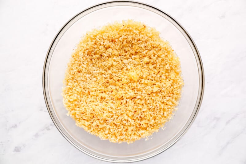 breadcrumb topping in a glass bowl.