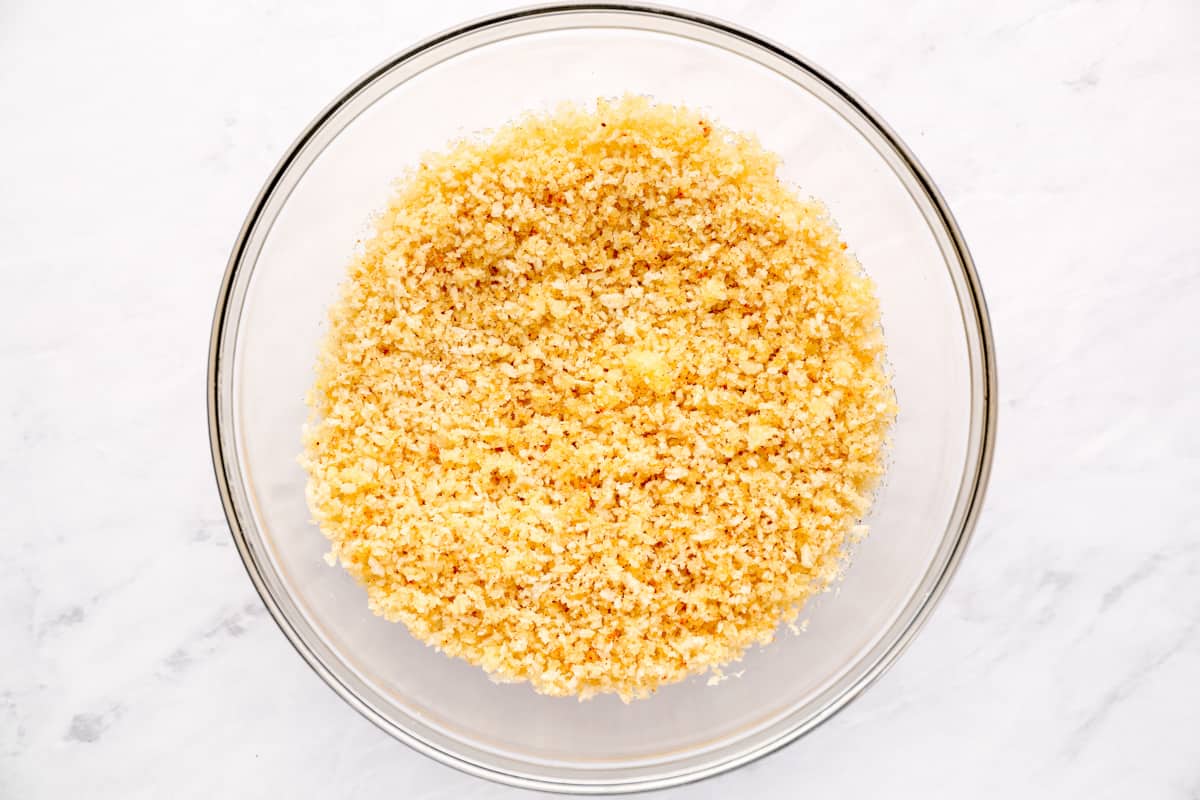 Panko breadcrumb topping in a glass bowl.
