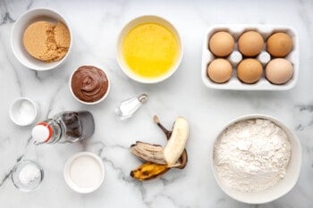 overhead view of ingredients for banana nutella muffins.