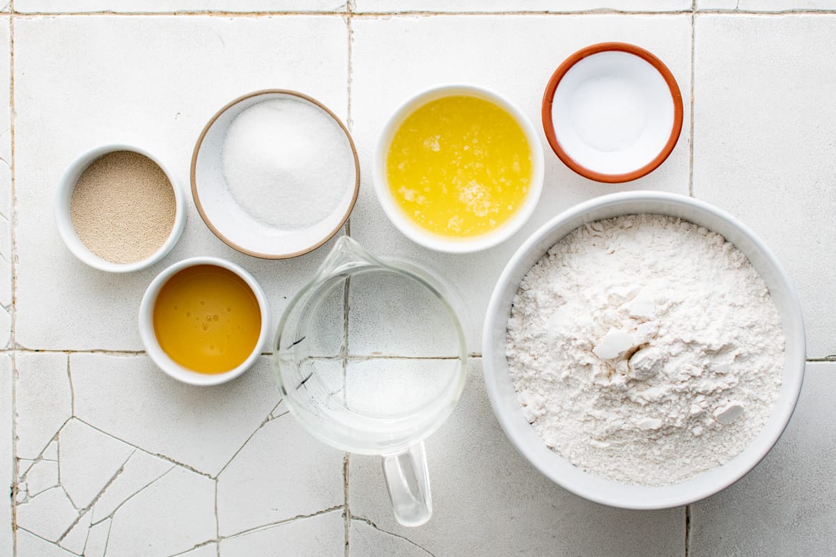 skillet bread ingredients arranged in small bowls