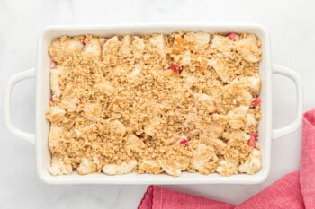French toast casserole topped with a crumble topping