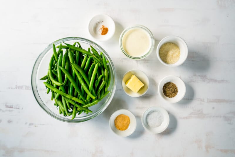 overhead view of ingredients for creamed green beans.