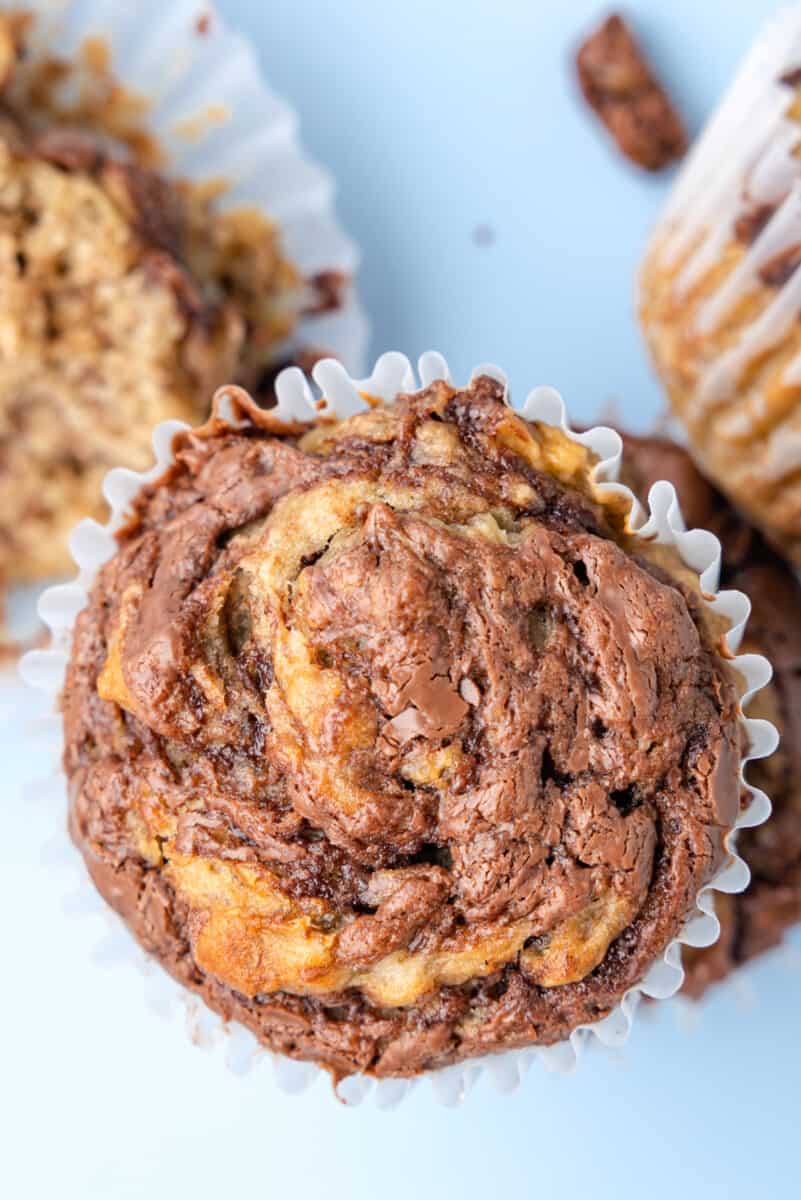 close up view of a banana nutella muffin.