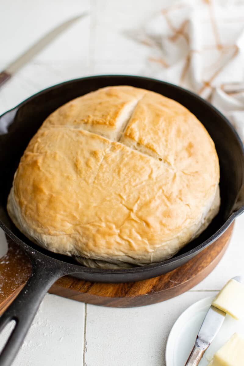 loaf bread in a cast iron skillet