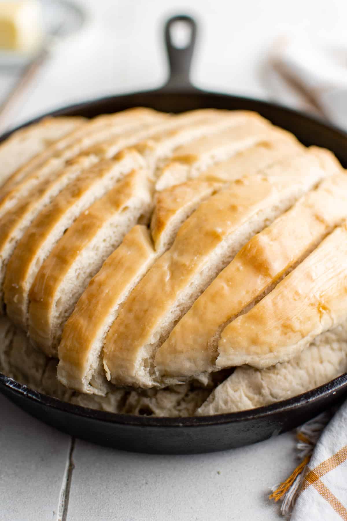 close up on skillet bread thinly sliced