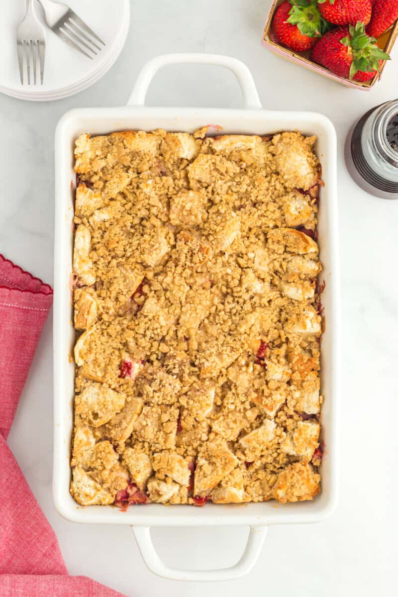 strawberry overnight French toast in a casserole dish