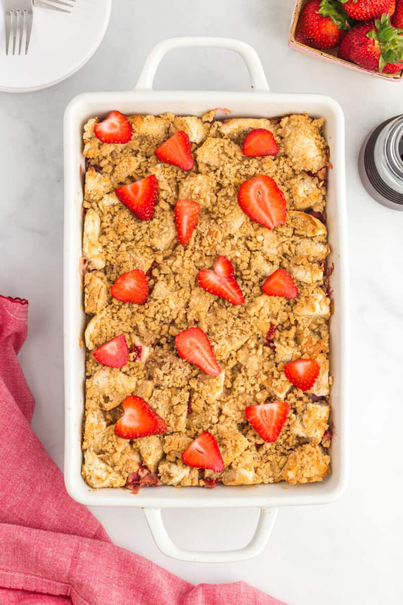 overhead view of strawberries and cream French toast casserole