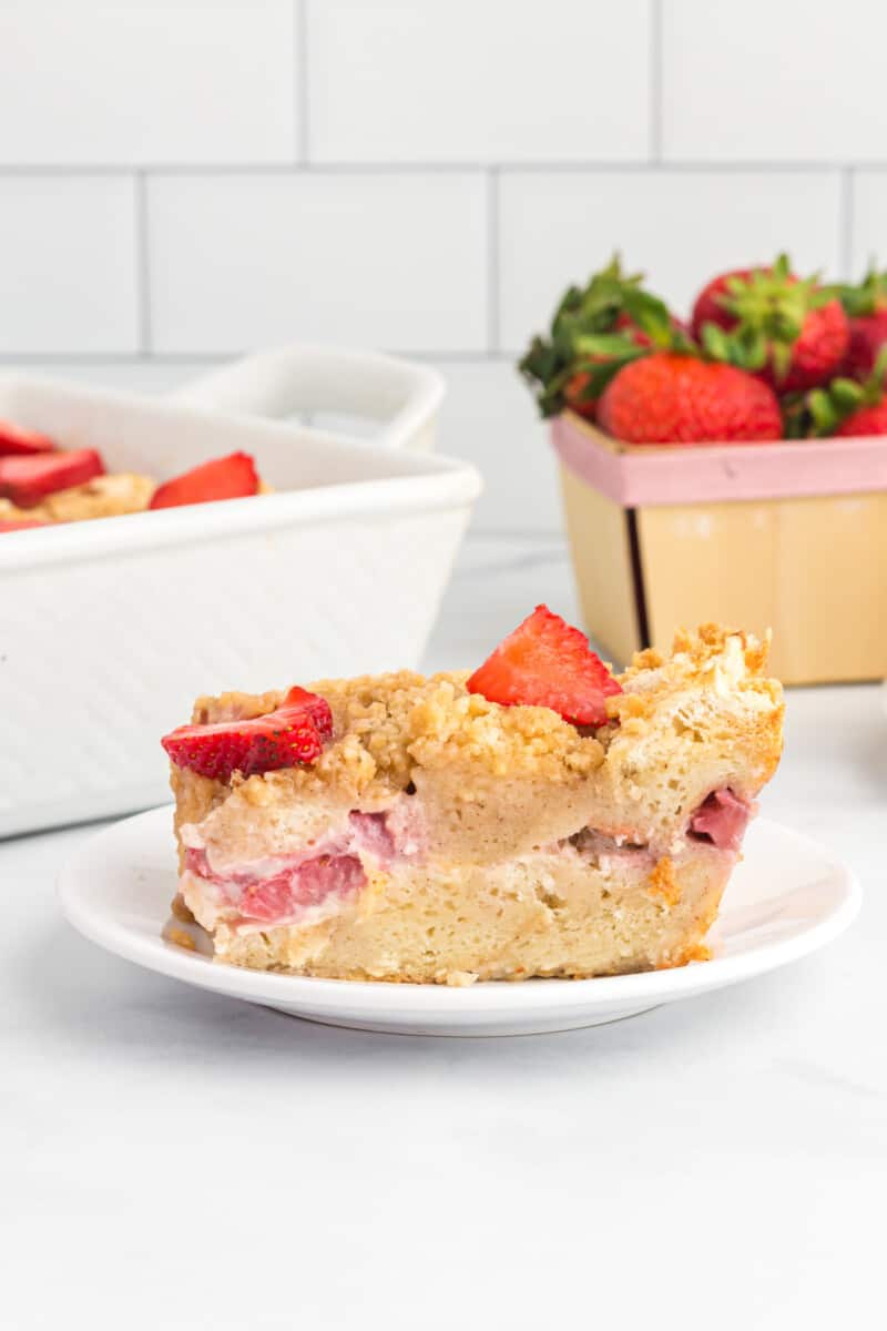 side view of a piece of strawberries and cream French toast casserole