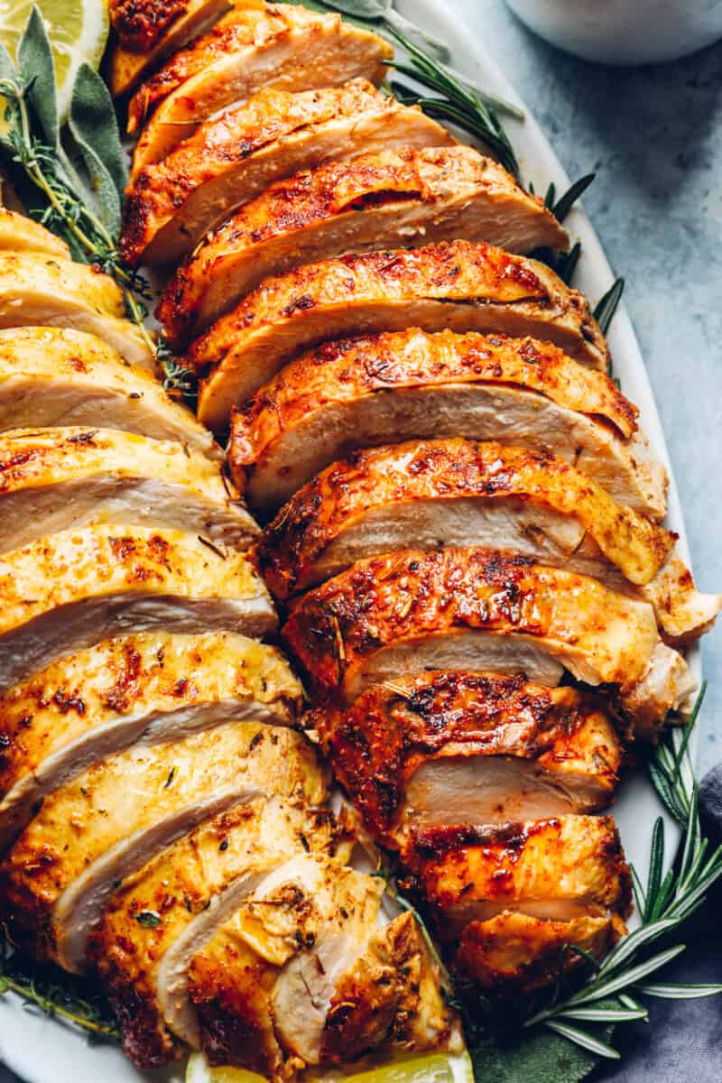 rubbed turkey breasts on a serving platter.