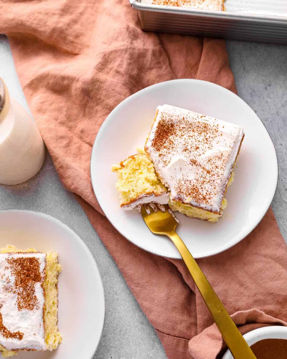 Tres leche cake on a plate with a fork.