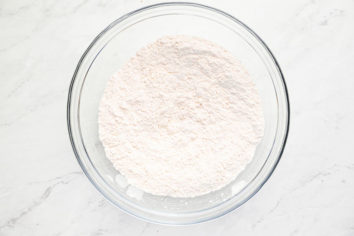 Bowl of all-purpose flour for oatmeal chocolate chip cookies