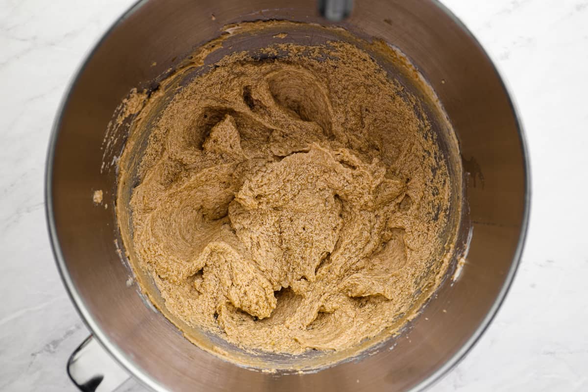 Butter and sugars creamed together until light and fluffy in mixing bowl