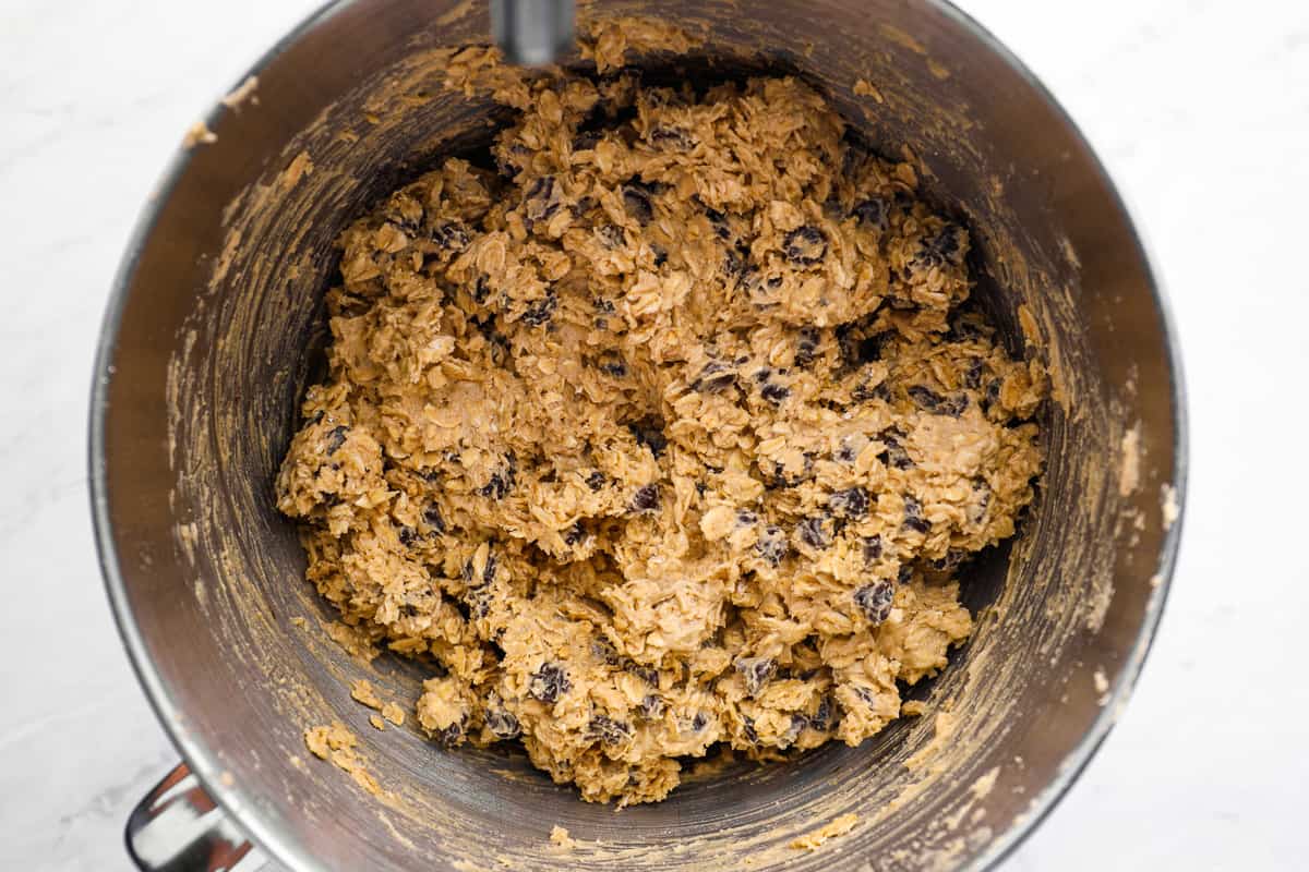 Oatmeal chocolate chip cookie dough mixed with oats and chocolate chips