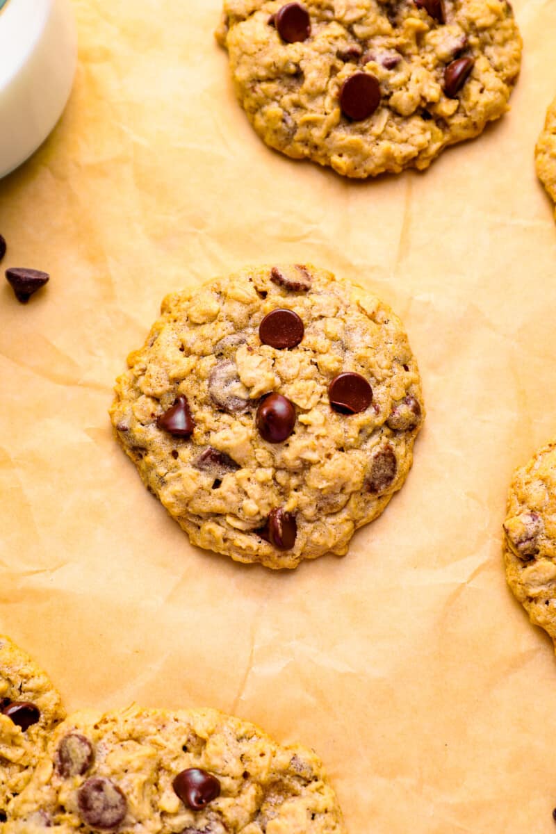 soft oatmeal chocolate chip cookies on parchment