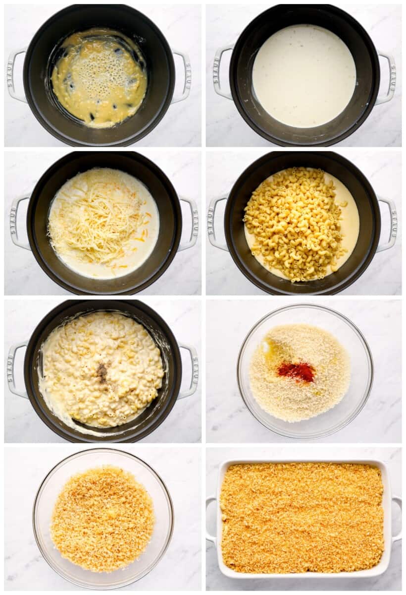 step by step photos for how to make mac and cheese casserole.