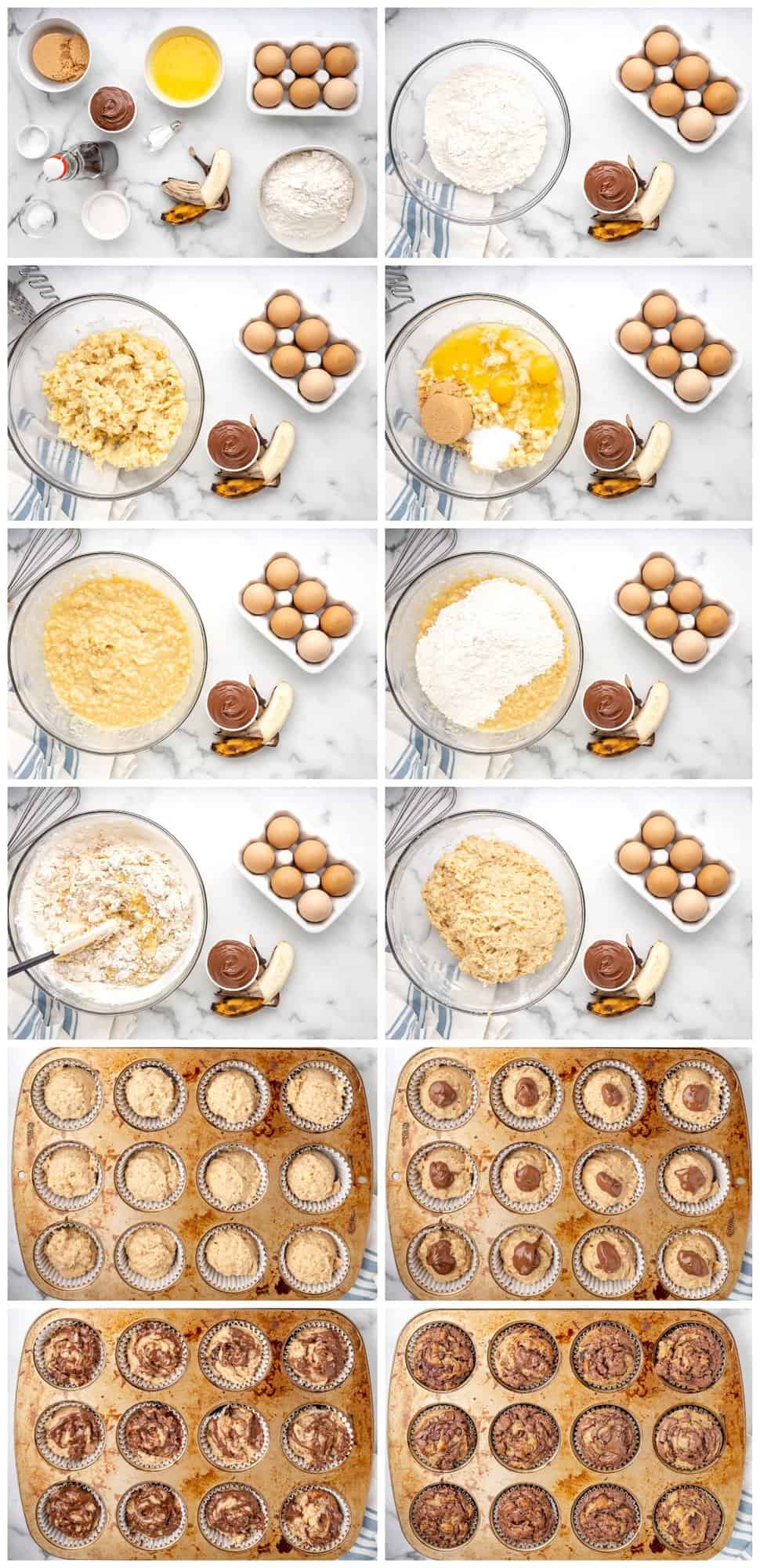 step by step photos for how to make banana nutella muffins.