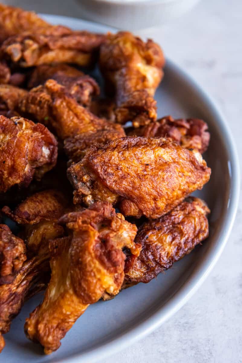 close up of trashed wings on a gray plate.